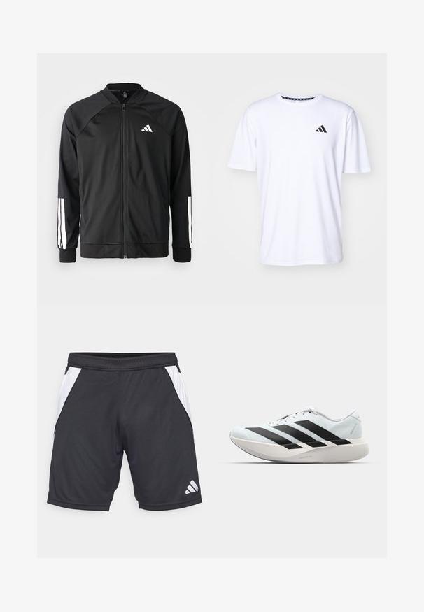 Black athletic jacket with a front zipper, raglan sleeves, white Adidas logo, and white stripes on sleeves. Smooth fabric with elastic cuffs.; White short-sleeve t-shirt made of fabric with a smooth texture. Features a black adidas logo on the left chest and a patterned collar.; Black athletic shorts made of lightweight fabric with white side panels and an Adidas logo on the lower right. Elastic waistband included.; Lightweight running shoes in pale blue with black stripes. Features a smooth upper, round toe, and thick white midsole labeled "LIGHTSTRIKE PRO."