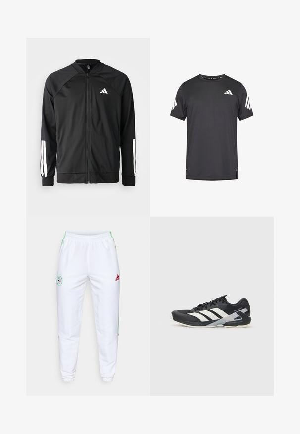 Juodas sportinis džemperis su priekiniais užtrauktukais, raglano stiliaus rankovėmis, balta Adidas logotipu ir baltais juostelėmis ant rankovių. Lygus audinys su elastingomis rankovėmis.; Juoda sportinė trumpomis rankovėmis marškinėliai su baltomis trimis juostelėmis ant pečių ir apvalia apykakle. Lengva medžiaga, laisvas, kasdienis stilius.; Baltos sportinės kelnės su elastinga juosmeniu, žalios spalvos šoninėmis juostomis ir raudonu Adidas logotipo ženklu. Kelnės turi apvalų siuvinėtą logotipą ant šlaunies.; Juoda sportinė avalynė su baltais dryžiais, tinklinis viršus, apvalus pirštas ir paminkštinta padais. Yra tekstūruota kulno dalis ir saugi raištelių sistema.