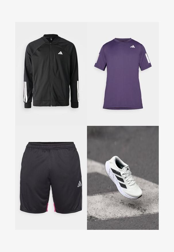 Juodas sportinis džemperis su priekiniais užtrauktukais, raglano stiliaus rankovėmis, balta Adidas logotipu ir baltais juostelėmis ant rankovių. Lygus audinys su elastingomis rankovėmis.; Violet sportinė trumpomis rankovėmis marškinėliai, pagaminti iš lygaus audinio, su baltais akcentais ant rankovių ir krūtinės, apvaliu iškirpimu ir laisvu siluetu.; Juodos sportinės šortai su elastiniu juosmeniu, rožinės spalvos akcentai šonuose ir sidabrinis Adidas logotipas apatinėje dešinėje priekyje.; Balti sportiniai batai su tekstūruota tinkleliu viršuje, juodomis juostelėmis, su raištelių uždarymu ir paminkštintu padu, kabo virš pažymėtos kelio dangos.