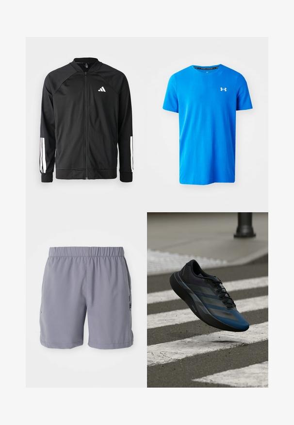 Svart treningsjakke med frontglidelås, raglanermer, hvit Adidas-logo og hvite striper på ermene. Glatt stoff med elastiske mansjetter.; Blå kortermet T-skjorte laget av pustende stoff, med et subtilt teksturert mønster og en hvit Under Armour-logo på brystet.; Grå idrettsshorts med elastisk midjebånd, med sidelommer og et glatt, lett stoff. Egnet for sport og hverdagsbruk.; Svart og blå atletisk sko med en strømlinjeformet utforming, som har en teksturert overdel, kontrasterende striper og en polstret såle, svevende over fortauet.