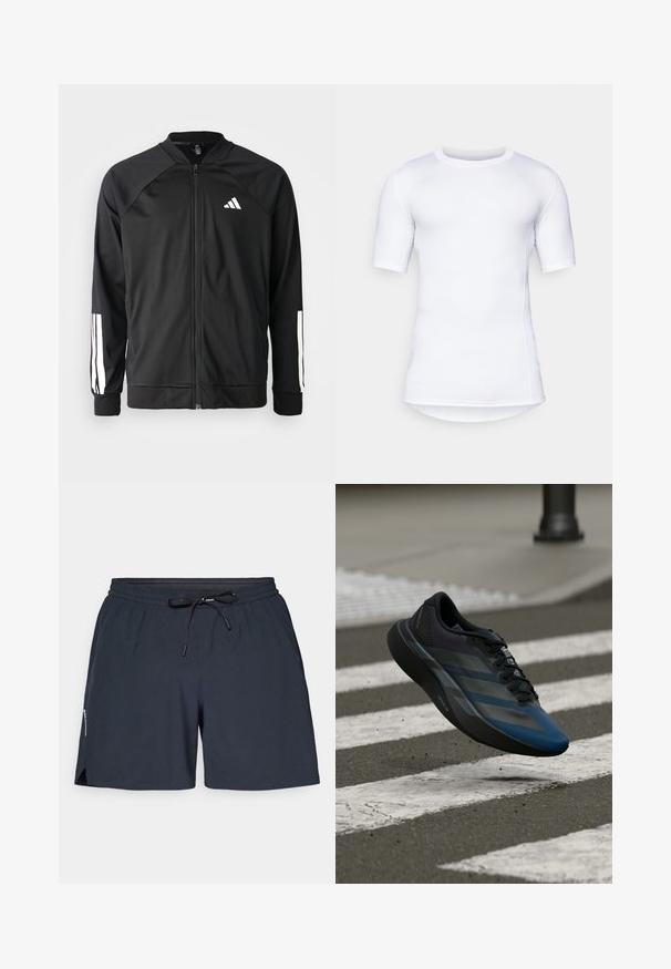 Svart treningsjakke med frontglidelås, raglanermer, hvit Adidas-logo og hvite striper på ermene. Glatt stoff med elastiske mansjetter.; Hvit kortermet prestasjons skjorte laget av elastisk materiale. Har rund hals og flate sømmer for komfort og en tettsittende design.; Marineblå treningsshorts laget av lett stoff, med elastisk midjebånd, snøring og sidesplitter for lettere bevegelighet.; Svart og blå atletisk sko med en strømlinjeformet utforming, som har en teksturert overdel, kontrasterende striper og en polstret såle, svevende over fortauet.