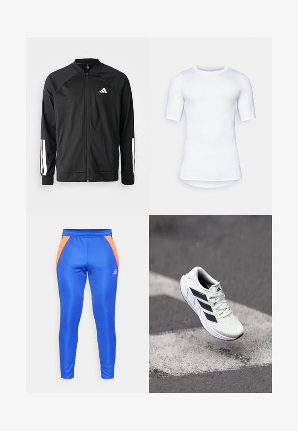 Schwarze Sportjacke mit einem Frontreißverschluss, Raglanärmeln, weißem Adidas-Logo und weißen Streifen an den Ärmeln. Glattes Gewebe mit elastischen Bündchen.; Weißes Kurzarm-Performance-Shirt aus dehnbarem Material. Verfügt über einen Rundhalsausschnitt und flache Nähte für Komfort sowie ein tailliertes Design.; Blaue Sporthosen mit orangefarbenen Seitenakzenten, aus glattem, dehnbarem Material. Sie verfügen über einen elastischen Bund und ein kleines Logo.; Weiße Sportschuh mit strukturiertem Mesh-Obermaterial, schwarzen Streifen, Schnürverschluss und gepolstertem Sohlen, schwebt über einer markierten Straßenoberfläche.