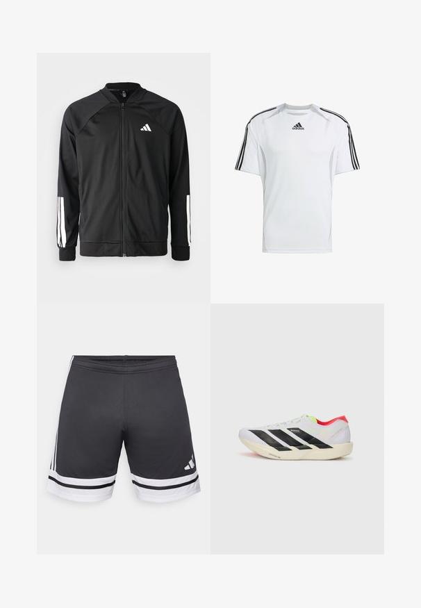 Veste de sport noire avec fermeture éclair à l'avant, manches raglan, logo Adidas blanc et bandes blanches sur les manches. Tissu lisse avec des poignets élastiques.; T-shirt athlétique blanc à manches courtes avec des accents noirs en trois bandes Adidas sur les épaules, fabriqué en tissu lisse et léger.; Shorts de sport noirs en tissu lisse. Présentent des rayures blanches à l'ourlet et sur les côtés. Taille élastique pour le confort. Logo sur le bas.; Baskets de course blanches avec des rayures noires, des accents vert fluo et un talon rouge. Caractérisées par un design léger et une semelle texturée pour une meilleure adhérence.