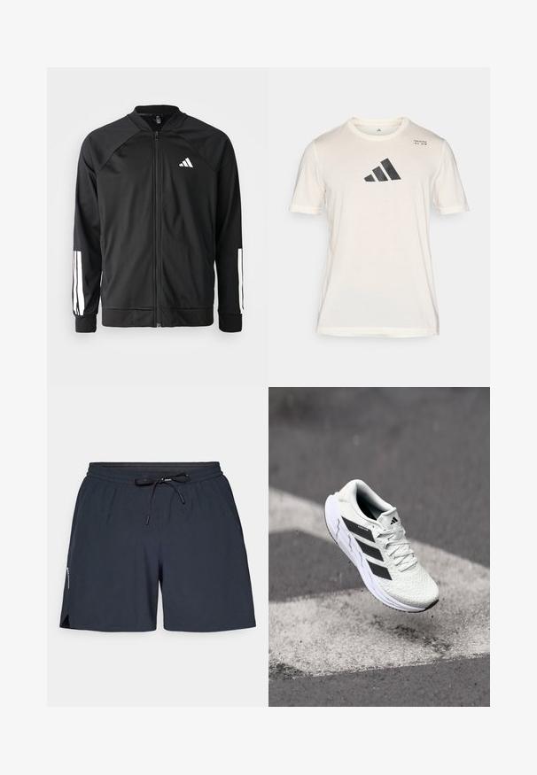 Chaqueta deportiva negra con cremallera frontal, mangas raglán, logo de Adidas en blanco y rayas blancas en las mangas. Tejido suave con puños elásticos.; adidas Performance Camiseta deportiva - chalk white; Pantalones cortos deportivos de color azul marino, hechos de un tejido ligero, con una cintura elástica, cordón y aberturas laterales para facilitar el movimiento.; Zapatilla deportiva blanca con parte superior de malla texturizada, rayas negras, cierre de cordones y suela acolchada, levitando sobre una superficie de carretera marcada.