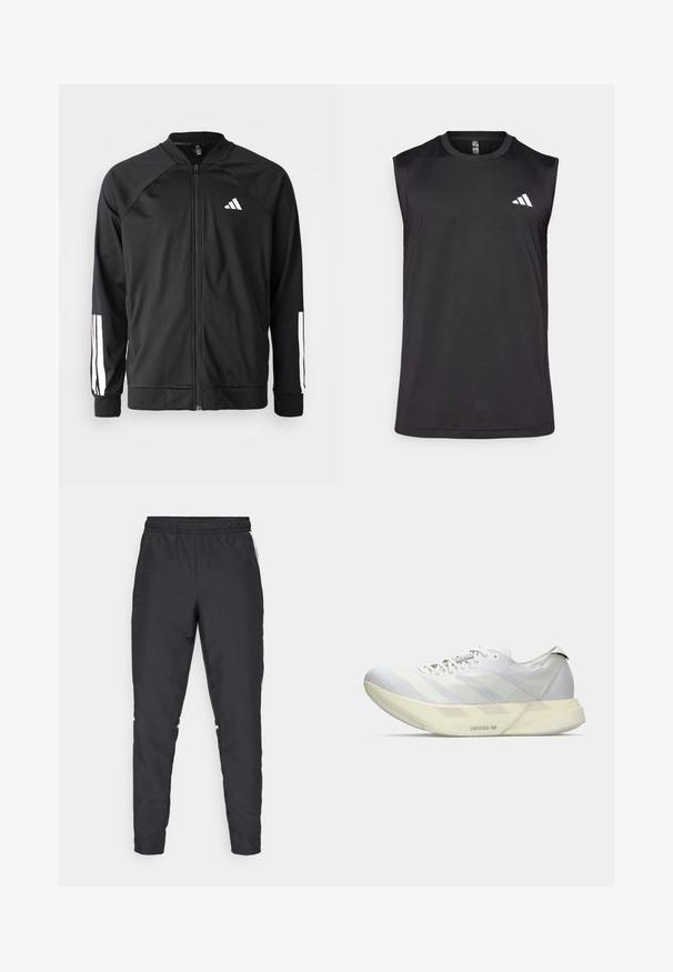 Crna sportska jakna s prednjim zatvaračem, raglan rukavima, bijelim Adidas logom i bijelim prugama na rukavima. Glatka tkanina s elastičnim manžetama.; Crni bezrukavi sportski top od prozračnog materijala, s okruglim izrezom i bijelim logotipom na gornjoj lijevoj strani.; Crne atletske hlače s elastičnim strukom, sužavajućim nogavicama i bijelim bočnim naglascima. Izrađene od sintetičkog materijala s glatkom teksturom.; Lagana bijela i siva tenisica za trčanje s debelim potplatima označena "Lightstrike Pro", s vezicama sprijeda i minimalističkim dizajnom.