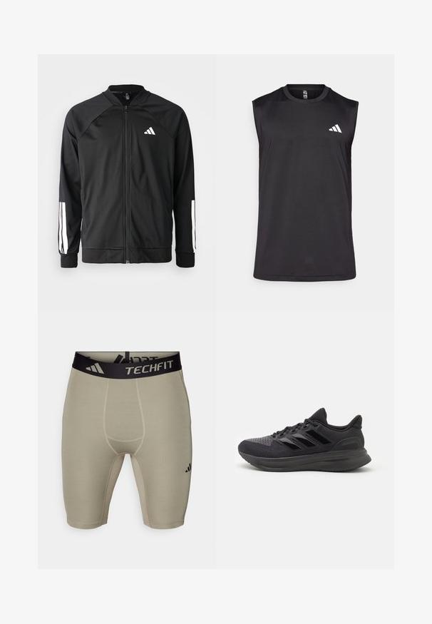 Schwarze Sportjacke mit einem Frontreißverschluss, Raglanärmeln, weißem Adidas-Logo und weißen Streifen an den Ärmeln. Glattes Gewebe mit elastischen Bündchen.; Schwarzes, ärmelloses Sportoberteil aus atmungsaktivem Stoff, mit rundem Halsausschnitt und einem weißen Logo auf der oberen linken Seite.; adidas Performance BASE SHORT - Tights - silver pebble; Schwarzer Sportschuh mit strukturiertem Obermaterial aus Stoff, Gummisohle und drei glänzenden schwarzen Streifen an der Seite. Abgerundete Zehenpartie und gepolsterte Ferse.