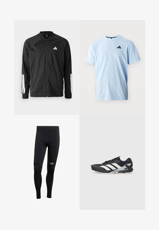 Veste de sport noire avec fermeture éclair à l'avant, manches raglan, logo Adidas blanc et bandes blanches sur les manches. Tissu lisse avec des poignets élastiques.; T-shirt en coton bleu clair avec des manches courtes, col rond et détail de logo noir sur la poitrine. Texture lisse et coupe décontractée.; Leggings de sport noirs avec une texture lisse, dotés d'accents réfléchissants et d'une coupe ajustée. Fabriqués en matériau extensible évacuant l'humidité.; Chaussure de sport noire avec des rayures blanches, tige en mesh, bout arrondi et semelle rembourrée. Comprend un talon texturé et un système de laçage sécurisé.