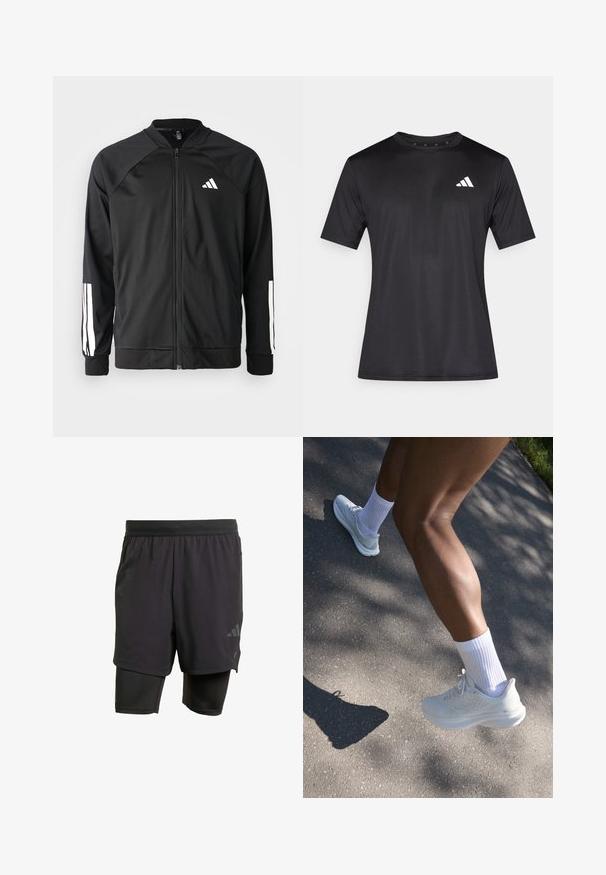 Melna sporta jaka ar priekšējo rāvējslēdzēju, raglanu piedurknēm, baltu Adidas logo un baltām svītrām uz piedurknēm. Gluda auduma sastāvs ar elastīgām aprocēm.; Melns sporta t-krekls no viegla tīklenes auduma, ar īsām piedurknēm un baltu logotipu kreisajā krūšu daļā.; Melni sporta šorti ar iebūvētu iekšējo slāni, izgatavoti no elpojoša auduma. Iekļautas diskrētas logotipa detalizācijas un strukturēta tekstūra. Regulējama jostasvieta.; Baltie sporta apavi ar teksturētu virsu, šņorēm un mīkstu zoli, apvienoti ar baltām potīšu zeķēm, uz pelēka seguma fona.