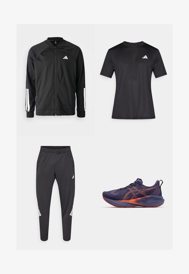 Black athletic jacket with a front zipper, raglan sleeves, white Adidas logo, and white stripes on sleeves. Smooth fabric with elastic cuffs.; Black athletic t-shirt made of lightweight mesh fabric, featuring short sleeves and a white logo on the left chest area.; Black athletic pants with tapered legs, elastic waistband, side pockets, and white logo and stripes detailing. Made from a smooth, lightweight material.; ASICS NOVABLAST 5 - Road running shoes - greyish purple/coral reef