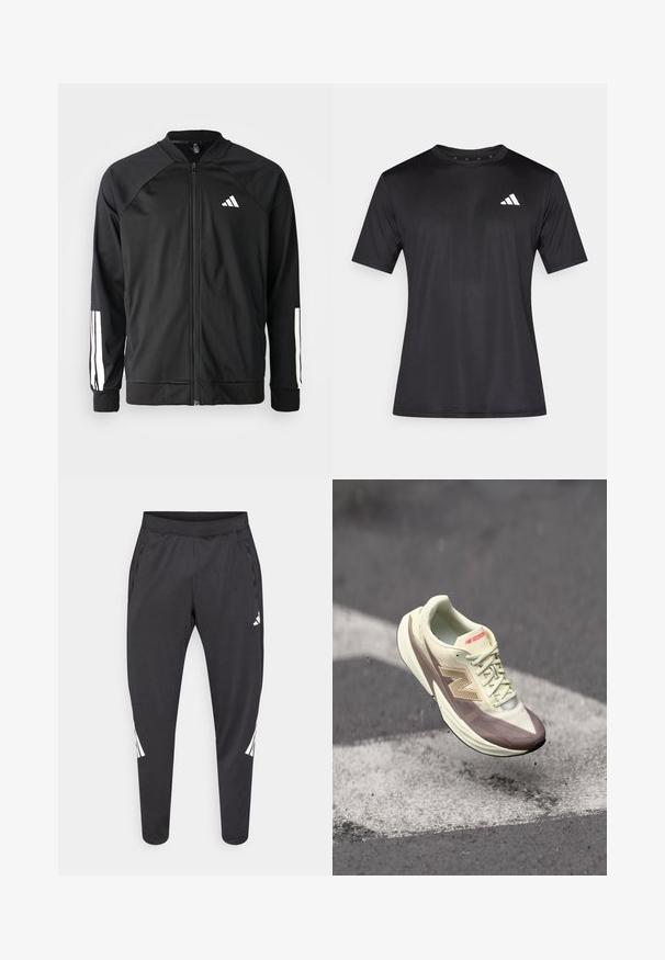 Schwarze Sportjacke mit einem Frontreißverschluss, Raglanärmeln, weißem Adidas-Logo und weißen Streifen an den Ärmeln. Glattes Gewebe mit elastischen Bündchen.; Schwarzes Sport-T-Shirt aus leichtem Mesh-Stoff, mit kurzen Ärmeln und einem weißen Logo auf der linken Brustseite.; Schwarze Sporthose mit zulaufenden Beinen, elastischem Bund, Seitentaschen und weißen Logo- und Streifendetails. Hergestellt aus einem glatten, leichten Material.; Leichtgewichtiger Sportschuh mit einem cremefarbenen Obermaterial und braunen Akzenten, ausgestattet mit einer strukturierten Oberfläche, Schnürsenkeln und einem auffälligen Logo an der Seite.