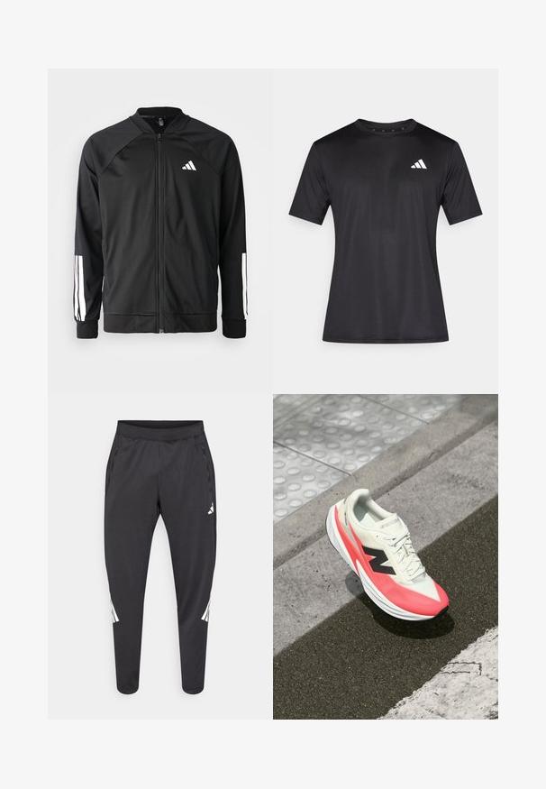 Musta urheilujakku, jossa on vetoketju edessä, raglan-hihat, valkoinen Adidas-logo ja valkoiset raidat hihoissa. Sujuva kangas ja joustavat hihansuut.; Musta urheilullinen t-paita, joka on valmistettu kevyestä verkkokankaasta, ja siinä on lyhyet hihat sekä valkoinen logo vasemmassa rintakehän kohdassa.; Mustat urheiluhousut kapeilla lahkeilla, joustavalla vyötärönauhalla, sivutaskuilla sekä valkoisella logolla ja raidallisilla yksityiskohdilla. Valmistettu sileästä, kevyestä materiaalista.; Kevyt juoksukenkä, jossa on vaalea päällinen, vaaleanpunaiset yksityiskohdat ja musta logo. Tämä kenkä on muotoilultaan virtaviivainen ja siinä on teksturoitu pohja pidon parantamiseksi.