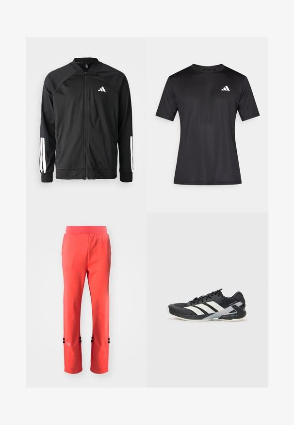 Čierna športová bunda s predným zipsom, raglánovými rukávmi, bielym logom Adidas a bielymi pruhmi na rukávoch. Hladká tkanina s elastickými manžetami.; Čierne športové tričko z ľahkej sieťoviny, s krátkymi rukávmi a bielym logom na ľavej strane hrudníka.; Korálové športové nohavice so širokým pásom, s čiernymi pruhmi na spodnom okraji a malým logom na ľavej strane. Hladká textúra.; Čierna športová obuv s bielymi pruhmi, sieťovinový zvršok, zaoblená špička a polstrovaná podrážka. Obsahuje štruktúrovaný opätok a bezpečný systém šnurovania.