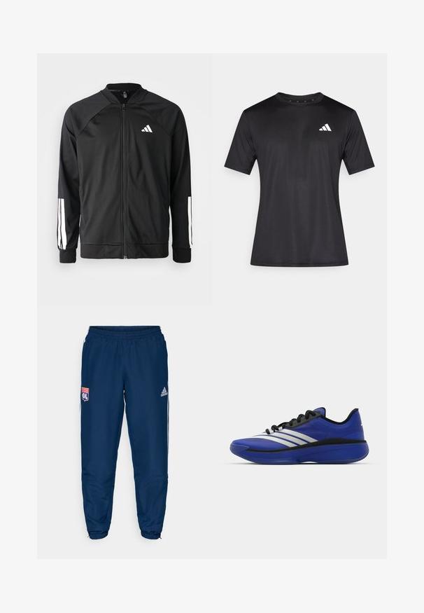 Fekete sportdzseki elől cipzárral, raglán ujjaival, fehér Adidas logóval és fehér csíkokkal az ujjakon. Simakészletű anyag rugalmas mandzsettákkal.; Fekete sportos póló könnyű hálós anyagból, rövid ujjú, bal mellrészen fehér logóval.; Kék sportnadrág elasztikus derékkal, fehér oldalsávokkal, és az Olympique Lyonnais logójával a bal combon.; adidas Performance ADIZERO SELECT 3.0 - Kosárlabdacipők - lucid blue/core black/metallic