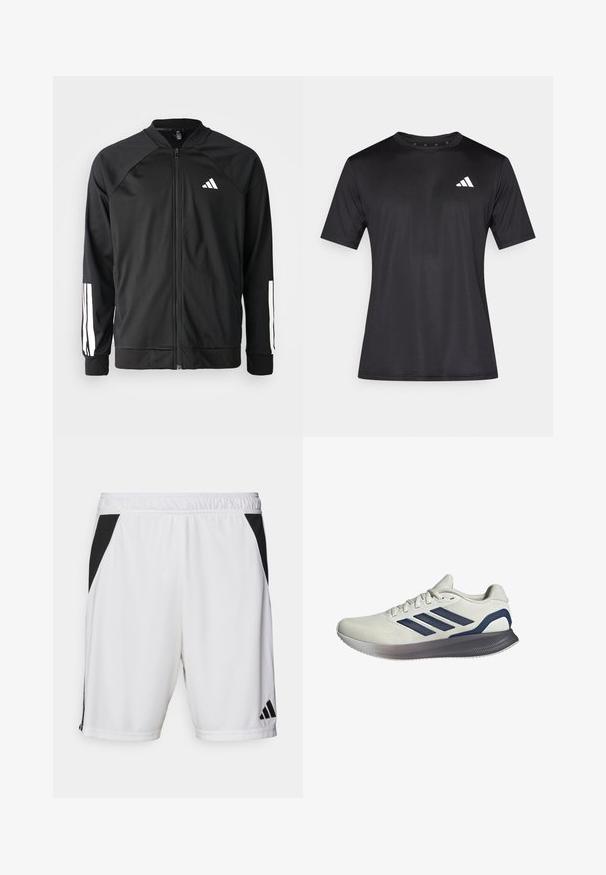 Čierna športová bunda s predným zipsom, raglánovými rukávmi, bielym logom Adidas a bielymi pruhmi na rukávoch. Hladká tkanina s elastickými manžetami.; Čierne športové tričko z ľahkej sieťoviny, s krátkymi rukávmi a bielym logom na ľavej strane hrudníka.; Biele atletické šortky s čiernym bočným panelom, elastickým pásom a logom Adidas na dolnej pravej nohe. Vyrobené z ľahkej tkaniny.; Svetlo šedá športová obuv s textúrovaným sieťovaným zvrškom, námorníckym trojpruhovým dizajnom a šedou gumovou podrážkou s ergonomickým tvarom.