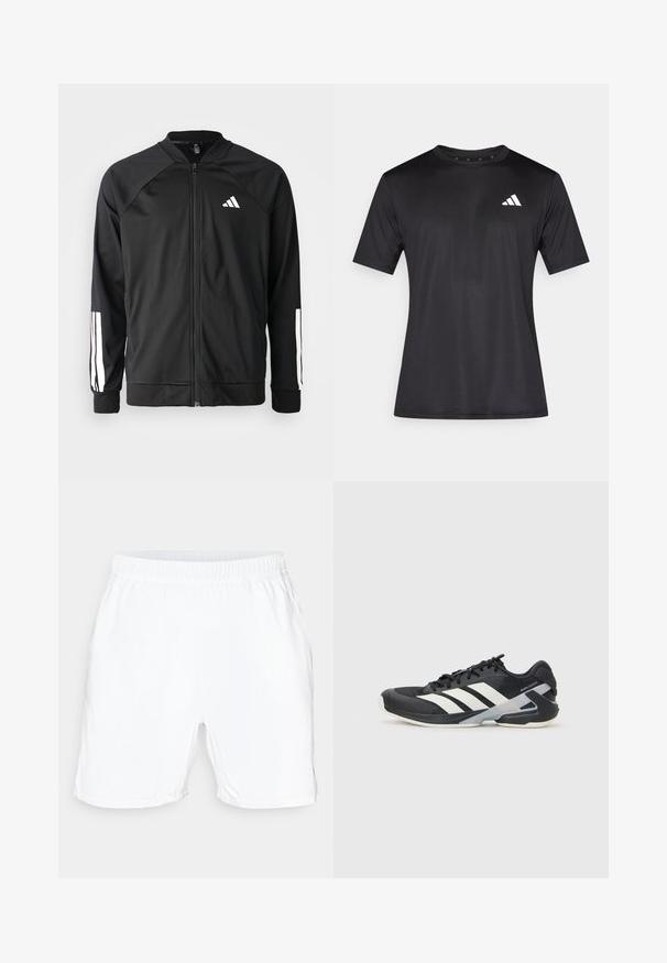 Mustar mustreeritud spordijakk, millel on ees lukuga taskud, raglanvarrukad, valge Adidas logo ja valged triibud varrukatel. Sile kangas elastsete mansettidega.; Must spordisärk, mis on valmistatud kerge võrgukangast, lühikeste varrukatega ja vasakul rinnal valge logoga.; Valged spordilühikesed püksid elastse vöökoha, sileda tekstuuri ja lühikese pikkusega. Ilma nähtavate mustrite või lisadeeta.; Mustad sportlik jalanõud mustade värvidega, valgete triipudega, võrgusilma pealmine osa, ümar varvas ja pehme tallaga. Omab tekstureeritud kontsa ja kindlat paeltesüsteemi.