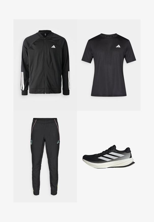 Crna sportska jakna s prednjim zatvaračem, raglan rukavima, bijelim Adidas logom i bijelim prugama na rukavima. Glatka tkanina s elastičnim manžetama.; Crna sportska majica od laganog mrežastog materijala, s kratkim rukavima i bijelim logotipom na lijevoj strani prsa.; Crne sportske hlače s glatkom teksturom. Imaju ružičaste i tirkizne detalje, elastičan pojas i logotip na stranama.; Crna atletska cipela s mrežastim dizajnom, koja ima bijele pruge, zaobljeni vrh i teksturiranu potplate za prianjanje i potporu.