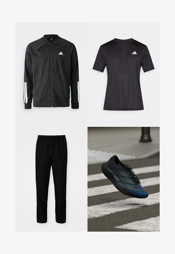 Svart sportjacka med framdraget blixtlås, raglanärmar, vitt Adidas-logotyp och vita ränder på ärmarna. Slät tyg med elastiska mudd.; Svart sportt-shirt i lätt mesh-tyg, med korta ärmar och en vit logotyp på vänstra bröstområdet.; Svarta byxor med elastisk midja och rak passform, tillverkade av slätt tyg, med elastiska muddarna vid anklarna och utan synliga fickor.; Svart och blå atletisk sko med en strömlinjeformad design, med ett texturerat överstycke, kontrasterande ränder och en dämpad sula, svävande över asfalt.
