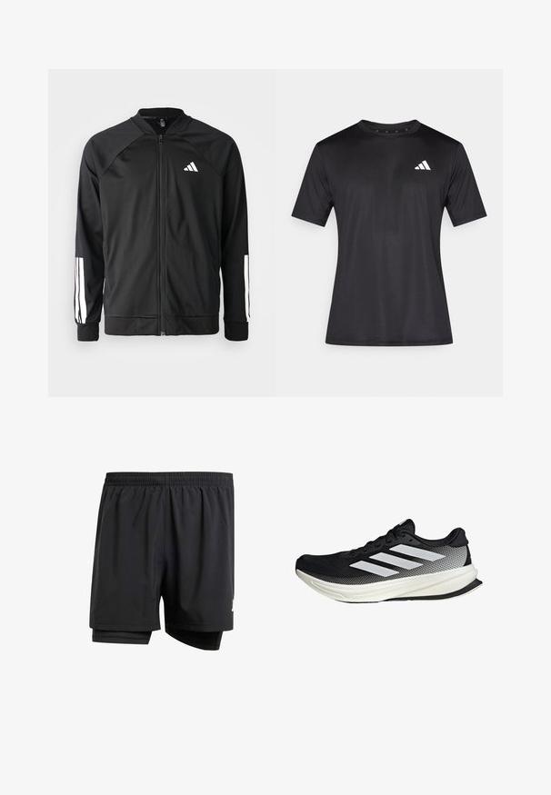 Černá sportovní bunda s předním zipem, raglánovými rukávy, bílým logem Adidas a bílými pruhy na rukávech. Hladká tkanina s elastickými manžetami.; Černé atletické tričko z lehké síťované látky, s krátkými rukávy a bílým logem na levé straně hrudníku.; Černé sportovní šortky s elastickým pasem, vnitřním podšíváním a malým logem na boku. Lehká tkanina a volný střih.; Černá sportovní boty s síťovaným designem, s bílými pruhy, zaoblenou špičkou a texturovanou podrážkou pro lepší přilnavost a oporu.