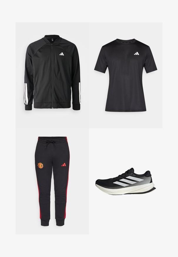 Černá sportovní bunda s předním zipem, raglánovými rukávy, bílým logem Adidas a bílými pruhy na rukávech. Hladká tkanina s elastickými manžetami.; Černé atletické tričko z lehké síťované látky, s krátkými rukávy a bílým logem na levé straně hrudníku.; Černé tepláky se červenými bočními pruhy, s vyšívaným logem Manchester United a logem Adidas na stehně. Nastavitelný pas.; Černá sportovní boty s síťovaným designem, s bílými pruhy, zaoblenou špičkou a texturovanou podrážkou pro lepší přilnavost a oporu.
