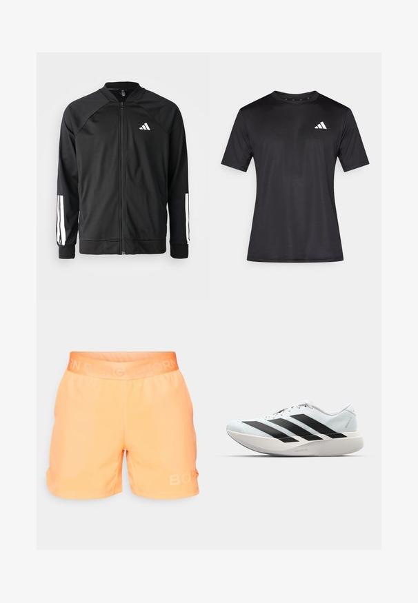 Mustar mustreeritud spordijakk, millel on ees lukuga taskud, raglanvarrukad, valge Adidas logo ja valged triibud varrukatel. Sile kangas elastsete mansettidega.; Must spordisärk, mis on valmistatud kerge võrgukangast, lühikeste varrukatega ja vasakul rinnal valge logoga.; Oranžid sportlikud lühikesed püksid tekstuurse vööosaga. Vasakul jalal on diskreetne peegeldav "BORG" logo. Sile kangas, mugav lõige.; Kerged jooksujalatsid helesinises värvuses mustade triipudega. Omavad siledat pealispinda, ümarat varvase osa ja paksu valget vahemõõtu, millel on silt "LIGHTSTRIKE PRO".
