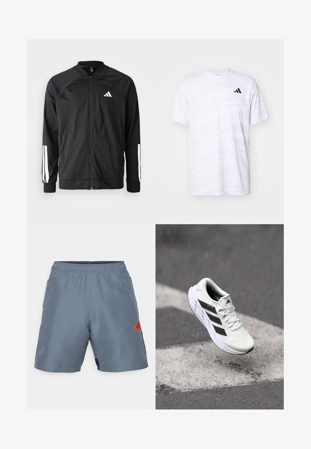Zwarte sportjack met een rits aan de voorkant, raglanmouwen, wit Adidas-logo en witte strepen op de mouwen. Gladde stof met elastische manchetten.; Witte sportt-shirt met een subtiel golvenpatroon, ronde hals, korte mouwen en een zwart logo met drie strepen op de linkerbovenborst.; Grijze sportshorts met een elastische tailleband, zwarte zijpanelen en een oranje Adidas-logo op het linkerbeen. Lichtgewicht, gladde textuur.; Witte sportschoen met een textuur van mesh, zwarte strepen, vetersluiting en een gevoerde zool, zwevend boven een gemarkeerd wegoppervlak.