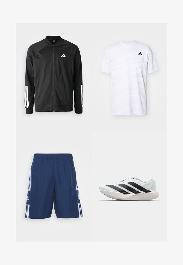 Zwarte sportjack met een rits aan de voorkant, raglanmouwen, wit Adidas-logo en witte strepen op de mouwen. Gladde stof met elastische manchetten.; Witte sportt-shirt met een subtiel golvenpatroon, ronde hals, korte mouwen en een zwart logo met drie strepen op de linkerbovenborst.; adidas Performance SQUADRA 21 DT SHORT - Korte broeken - team navy blue/white; Lichte hardloopschoenen in lichtblauw met zwarte strepen. Beschikt over een soepele bovenkant, ronde neusstuk en dikke witte tussenzool met het label "LIGHTSTRIKE PRO."