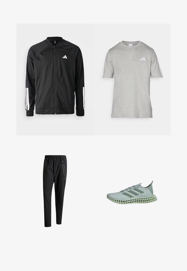 Chaqueta deportiva negra con cremallera frontal, mangas raglán, logo de Adidas en blanco y rayas blancas en las mangas. Tejido suave con puños elásticos.; Camiseta gris de manga corta hecha de una mezcla de algodón con un cuello redondo. Presenta tres rayas blancas en cada hombro y un pequeño logo.; Pantalones deportivos negros con una cintura elástica, dos bolsillos laterales con cremallera, piernas ajustadas y un discreto detalle de logo en la cadera.; Zapatilla de running de color gris claro con un upper texturizado, tres franjas en relieve y una distintiva mediasuela de una estructura en 3D impresa.
