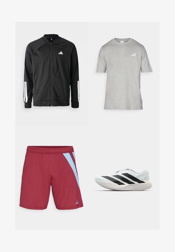 Svart sportjacka med framdraget blixtlås, raglanärmar, vitt Adidas-logotyp och vita ränder på ärmarna. Slät tyg med elastiska mudd.; Grå t-shirt med kort ärm i en bomullsblandning och rundad halsringning. Har tre vita ränder på varje axel och en liten logotyp.; Bordeauxfärgade träningsshorts med ljusblå sidosträck, elastisk midja och slät yta, designade för komfort och flexibilitet i rörelsen.; Lätta löparskor i ljusblått med svarta ränder. Har en slät ovandel, rund tå och tjock vit mellansula märkt "LIGHTSTRIKE PRO."