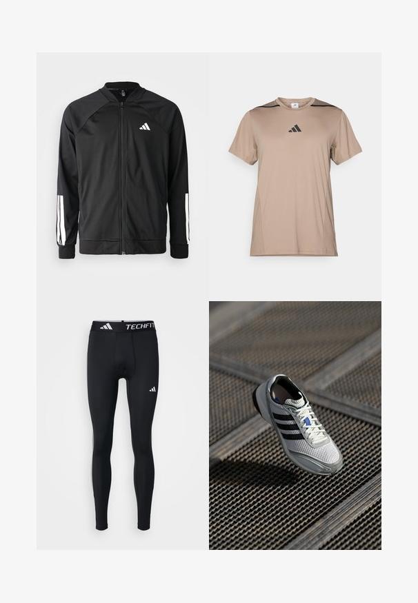 Jachetă sport neagră, cu fermoar frontal, mâneci raglan, logo Adidas alb și dungi albe pe mâneci. Material neted, cu manșete elastice.; Cămașă sportivă atletică, fabricată dintr-un material neted, cu accente negre pe umeri și un logo Adidas negru centrat pe piept.; Colanți sport negru, design ajustat, confecționați dintr-un material neted și elastic. Prezintă un brâu cu inscripția "TECHFIT" și accente albe cu logo.; Pantof cu adevărat ușor pentru alergare, având un superior din plasă albă cu trei dungi negre, accente gri și o talpă texturată pentru aderență.