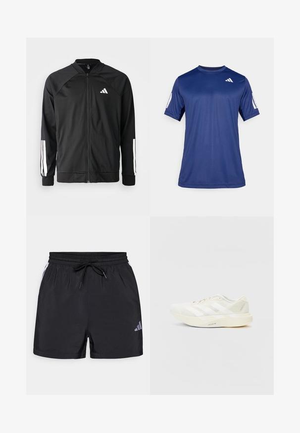 Chaqueta deportiva negra con cremallera frontal, mangas raglán, logo de Adidas en blanco y rayas blancas en las mangas. Tejido suave con puños elásticos.; Camisa atlética de manga corta en azul marino, fabricada con un tejido suave, que presenta un cuello redondo y un detalle de logo blanco en la parte superior izquierda del pecho.; Pantalones cortos deportivos negros con cintura elástica, cordón y acentos blancos a los lados. Presenta un pequeño logotipo gris en la parte inferior de la pierna izquierda.; Zapatilla deportiva blanca con parte superior de malla, que presenta tres franjas blancas, una punta redondeada y una suela de color claro etiquetada como "LIGHTSTRIKE PRO".