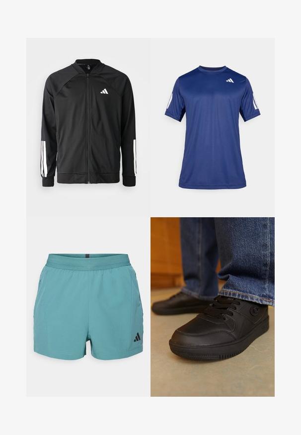Chaqueta deportiva negra con cremallera frontal, mangas raglán, logo de Adidas en blanco y rayas blancas en las mangas. Tejido suave con puños elásticos.; Camisa atlética de manga corta en azul marino, fabricada con un tejido suave, que presenta un cuello redondo y un detalle de logo blanco en la parte superior izquierda del pecho.; Bermudos deportivos color aguamarina con una cinturilla texturizada, bolsillos laterales y el logotipo negro de Adidas en la parte inferior derecha. Tejido ligero.; Zapatillas negras con material sintético liso. Cuentan con cierre de cordones y acentos texturizados en la parte superior. Suela de goma con patrón de relieve.