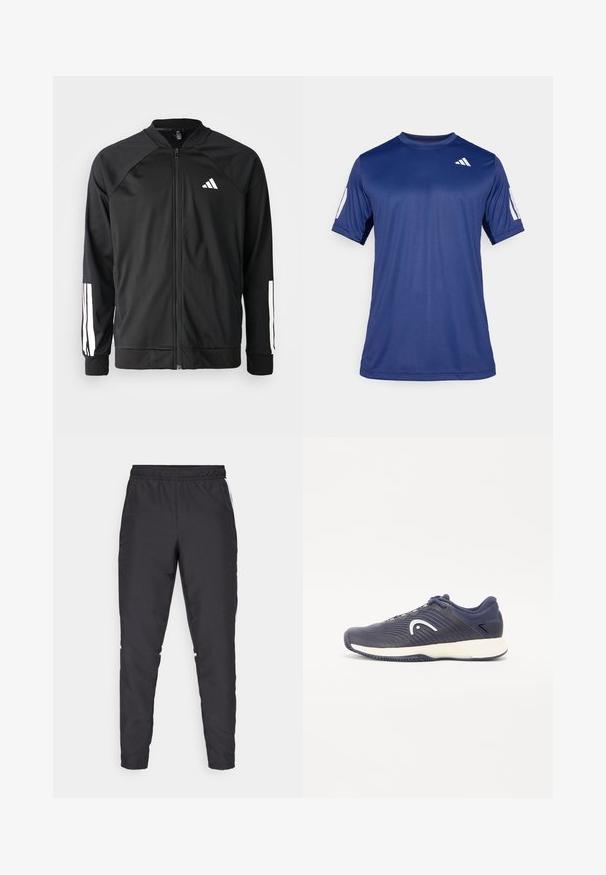 Svart treningsjakke med frontglidelås, raglanermer, hvit Adidas-logo og hvite striper på ermene. Glatt stoff med elastiske mansjetter.; Marineblå, kortermet treningstrøye laget av glatt stoff, med rund hals og en hvit logodetalj på øverste venstre bryst.; Svarte treningsbukser med elastisk midje, avsmalnende ben og hvite sideakenter. Laget av syntetisk materiale med en glatt tekstur.; Marineblå idrettssko med et teksturert design og hvit logo. Har en polstret såle og mørkeblå detaljer på overdelen og hælen.
