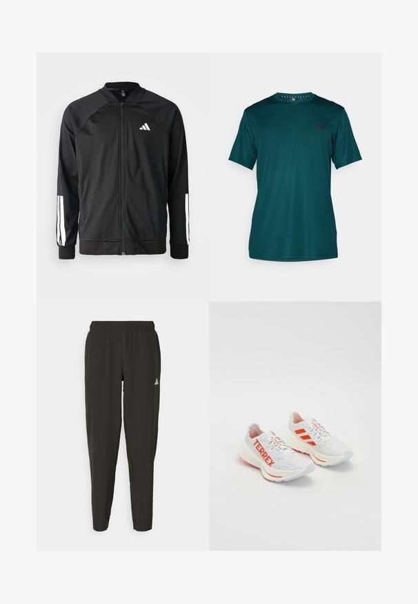 Schwarze Sportjacke mit einem Frontreißverschluss, Raglanärmeln, weißem Adidas-Logo und weißen Streifen an den Ärmeln. Glattes Gewebe mit elastischen Bündchen.; adidas Performance Sport T-Shirt - aurora ivy/black; Schwarze Sporthosen mit elastischem Bund, slim fit und weißem Logo auf dem linken Bein. Glattes, leichtes Material.; Weiße Sportschuhe mit orangefarbenen Akzenten, ausgestattet mit "TERREX" Branding, einem Obermaterial aus Mesh, einer gepolsterten Sohle und einer strukturierten Gummi-Außensohle.