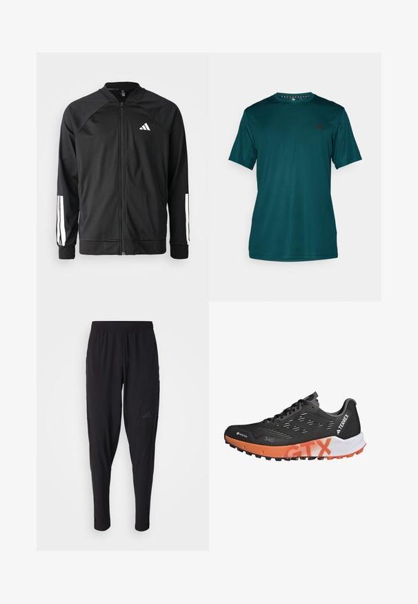 Zwarte sportjack met een rits aan de voorkant, raglanmouwen, wit Adidas-logo en witte strepen op de mouwen. Gladde stof met elastische manchetten.; adidas Performance Sport T-shirt - aurora ivy/black; Zwarte sportbroek met een elastische tailleband, taps toelopend ontwerp, zijzakken en subtiele logodetails. Gemaakt van flexibele, ademende stof.; Zwarte en oranje trailrun schoenen met een gestructureerde synthetische bovenkant, opvallend vetersysteem en robuuste buitenzool voor grip. GTX-branding zichtbaar.