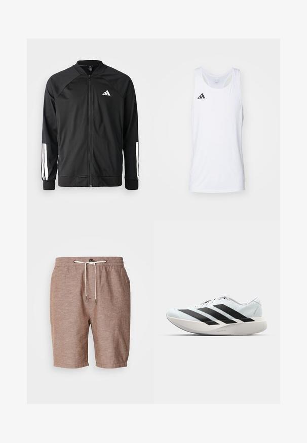 Veste de sport noire avec fermeture éclair à l'avant, manches raglan, logo Adidas blanc et bandes blanches sur les manches. Tissu lisse avec des poignets élastiques.; Débardeur d'athlétisme sans manches en tissu léger de couleur blanche, avec le logo noir d'Adidas sur la poitrine gauche et un col plongeant.; Shorts en lin marron avec une taille élastique, fermeture à cordon de serrage et ourlet roulé. Présente une texture subtile et des éléments de design minimalistes.; Baskets de course légères en bleu pâle avec des rayures noires. Elles présentent un dessus lisse, un embout rond et une semelle intermédiaire blanche épaisse étiquetée "LIGHTSTRIKE PRO".