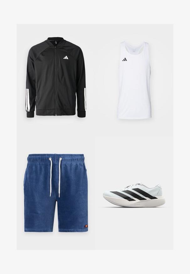 Svart treningsjakke med frontglidelås, raglanermer, hvit Adidas-logo og hvite striper på ermene. Glatt stoff med elastiske mansjetter.; Hvit ermeløs trenings-topp laget av lett stoff, med svart Adidas-logo på venstre bryst og scoop-nakkeline.; Marineblå cordshorts med elastisk midje, hvit snor og logoaccent i rødt og gult ved kanten. Vertikal ribbet tekstur.; Lette løpesko i lys blå med svarte striper. Har en myk overdel, rund tå og tykk hvit mellomsole merket "LIGHTSTRIKE PRO."
