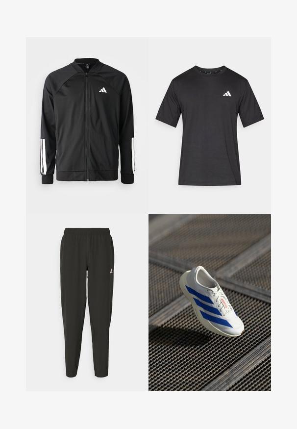 Sort atletisk jakke med lynlås foran, raglanærmer, hvidt Adidas-logo og hvide striber på ærmerne. Glat stof med elastiske manchetter.; Sort kortærmet t-shirt lavet af stof med en glat tekstur; har et hvidt logo på brystet og en rund halsudskæring.; Sorte træningsbukser med elastisk talje, slim fit og hvidt logo på venstre ben. Glat, letvægtigt stof.; Hvid atletisk sko med blå striber, letvægtsdesign, mesh-overdel, snørelukning og tekstureret gummisål, svævende over en gitteroverflade.