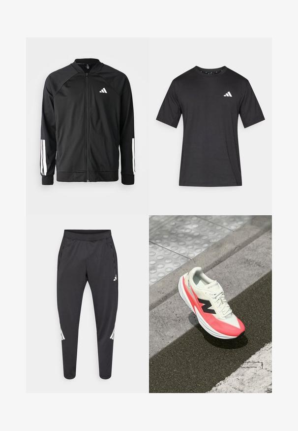 Jachetă sport neagră, cu fermoar frontal, mâneci raglan, logo Adidas alb și dungi albe pe mâneci. Material neted, cu manșete elastice.; T-shirt negru cu mânecă scurtă, realizat dintr-un material cu textură netedă; dispune de un logo alb pe piept și un guler rotund.; Pantaloni atletici negri cu picioare conice, talie elastică, buzunare laterale și detalii albe cu logo și dungi. Confecționați dintr-un material neted și ușor.; Adida de alergare ușoară cu un superior crem, accente roz și un logo negru. Dispune de o formă aerodinamică și o talpă texturată pentru aderență.
