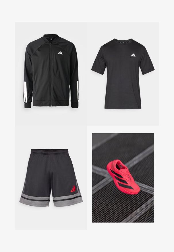 Jachetă sport neagră, cu fermoar frontal, mâneci raglan, logo Adidas alb și dungi albe pe mâneci. Material neted, cu manșete elastice.; T-shirt negru cu mânecă scurtă, realizat dintr-un material cu textură netedă; dispune de un logo alb pe piept și un guler rotund.; Shorts atletici negri dintr-un material ușor, având o dungi gri la tiv și un logo roșu pe coapsa stângă. Talie elastică.; Adidași de alergare roz aprins cu dungi negre, fabricați dintr-un material ușor din plasă, având o talpă texturată și un design cu șireturi.