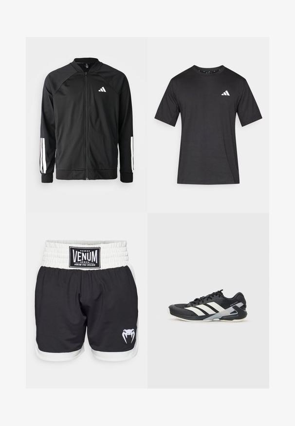 Jachetă sport neagră, cu fermoar frontal, mâneci raglan, logo Adidas alb și dungi albe pe mâneci. Material neted, cu manșete elastice.; T-shirt negru cu mânecă scurtă, realizat dintr-un material cu textură netedă; dispune de un logo alb pe piept și un guler rotund.; Pantaloni scurți de box negri cu talie albă, având un logo VENUM și un grafic cu un șarpe în alb. Confecționați dintr-un material ușor și durabil.; Pantofii sport negri cu dungi albe, superior din plasă, vârf rotunjit și talpă îmbunătățită pentru amortizare. Au o călcătură texturată și un sistem de șireturi securizat.