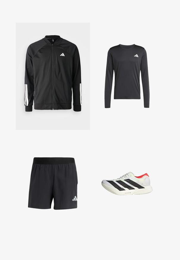 Chaqueta deportiva negra con cremallera frontal, mangas raglán, logo de Adidas en blanco y rayas blancas en las mangas. Tejido suave con puños elásticos.; Camisa deportiva de manga larga negra, hecha de una tela suave y ligera, que presenta un pequeño logotipo blanco en la parte superior izquierda. Diseño simple y ajustado.; Shorts deportivos negros con cintura elástica, que presentan una textura suave y un logo blanco reflectante en la parte inferior izquierda.; Zapatilla deportiva blanca con rayas diagonales negras, acentos rojos en el talón y una parte superior texturizada; cuenta con amortiguación LIGHTSTRIKE PRO.