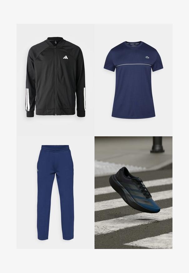 Juodas sportinis džemperis su priekiniais užtrauktukais, raglano stiliaus rankovėmis, balta Adidas logotipu ir baltais juostelėmis ant rankovių. Lygus audinys su elastingomis rankovėmis.; Tamsiai mėlynas trumpomis rankovėmis marškinėlis su apvalia iškirpte, kuriame yra balta horizontali juosta ir žalias krokodilo logotipas kairėje krūtinės pusėje.; Tamsiai mėlynos spalvos sportinės kelnės, pagamintos iš minkštos medvilnės, su elastinga juosmens juosta ir siaurėjančiomis kojomis. Mažas siuvinėtas logotipas šalia klubų.; Juodos ir mėlynos spalvų sportinė batus su aptakiu dizainu, tekstūruotu viršumi, kontrastingomis juostelėmis ir paminkštinta padu, kybantis virš šaligatvio.