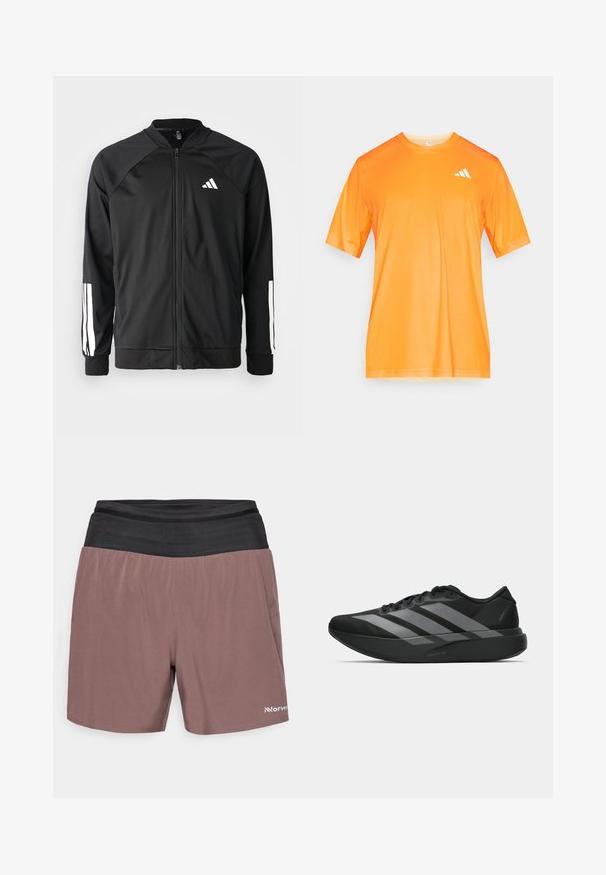 Mustar mustreeritud spordijakk, millel on ees lukuga taskud, raglanvarrukad, valge Adidas logo ja valged triibud varrukatel. Sile kangas elastsete mansettidega.; Lühikeste varrukatega oranž spordisärk, valmistatud kerge ja sileda kangaga, millel on vasaku ülaosa valge logo.; Pruunid lühikesed püksid musta elastse vööga, millel on sile tekstuur ja küljetaskud. Logo on nähtav vasakul alumisel küljel.; Must have mustangid! Need light and trendy athletic shoes? These black sneakers have a streamlined design featuring three large hallal gray stripes. Their smooth texture and ergonomically contoured sole provide ultimate comfort.