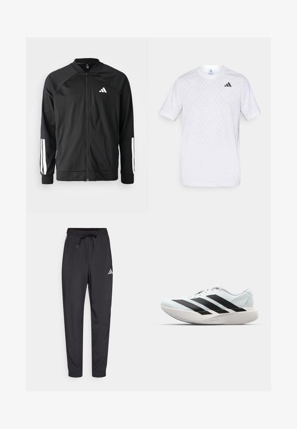 Jachetă sport neagră, cu fermoar frontal, mâneci raglan, logo Adidas alb și dungi albe pe mâneci. Material neted, cu manșete elastice.; Tricou alb cu mânecă scurtă, cu un model discret de diamante, fabricat dintr-un material ușor, având un logo negru adidas pe piept.; Pantaloni atletici negri din material ușor, cu un talie elastică, șnur și un mic logo alb pe lateral.; Pantofi de alergare ușori în albastru deschis cu dungi negre. Au un superior neted, vârf rotund și o intermediară groasă albă etichetată "LIGHTSTRIKE PRO."