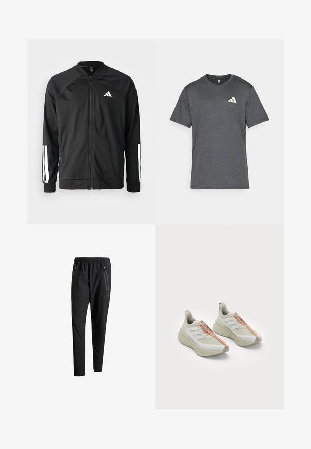 Black athletic jacket with a front zipper, raglan sleeves, white Adidas logo, and white stripes on sleeves. Smooth fabric with elastic cuffs.; Dark gray athletic t-shirt made of breathable fabric, featuring short sleeves and a white logo accent on the left chest. Textured surface.; Black athletic pants with an elastic waistband, two zippered side pockets, tapered legs, and a subtle logo detail on the hip.; White athletic shoes with a textured fabric upper, orange laces, three stripe logo design, and a thick, cushioned sole.