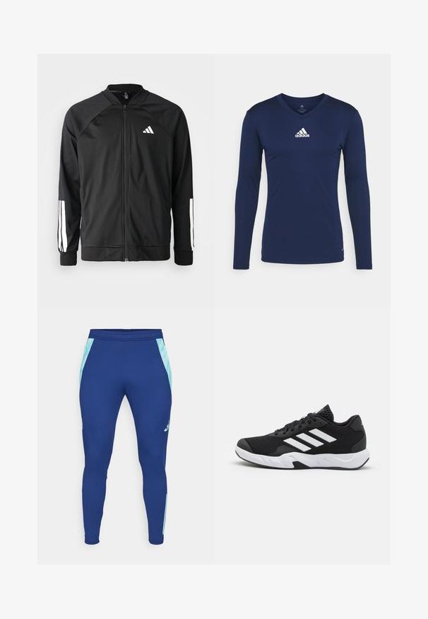 Zwarte sportjack met een rits aan de voorkant, raglanmouwen, wit Adidas-logo en witte strepen op de mouwen. Gladde stof met elastische manchetten.; Marineblauw sportshirt met lange mouwen, gemaakt van textuurstof, met een V-hals en een wit Adidas-logo op de borst. Eenvoudig ontwerp, nauwsluitende pasvorm.; Marineblauwe sportleggings gemaakt van rekbaar materiaal, met lichtblauwe zijpanelen en een aansluitend ontwerp met een smalle enkelboord.; Zwarte sportieve schoenen met een geperforeerde mesh bovenkant, witte accentstrepen, een gevoerde zool en een versterkte hiel voor extra ondersteuning.