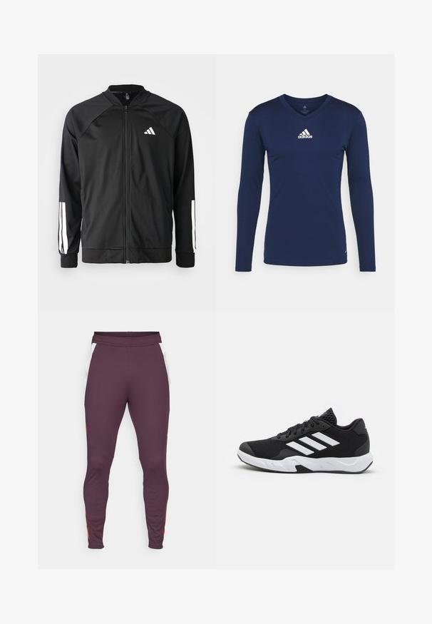Zwarte sportjack met een rits aan de voorkant, raglanmouwen, wit Adidas-logo en witte strepen op de mouwen. Gladde stof met elastische manchetten.; Marineblauw sportshirt met lange mouwen, gemaakt van textuurstof, met een V-hals en een wit Adidas-logo op de borst. Eenvoudig ontwerp, nauwsluitende pasvorm.; Bordeauxkleurige sportbroek gemaakt van rekbare stof. Kenmerkt zich door witte zijpanelen en rode accenten. Tapered leg ontwerp met elastische tailleband.; Zwarte sportieve schoenen met een geperforeerde mesh bovenkant, witte accentstrepen, een gevoerde zool en een versterkte hiel voor extra ondersteuning.