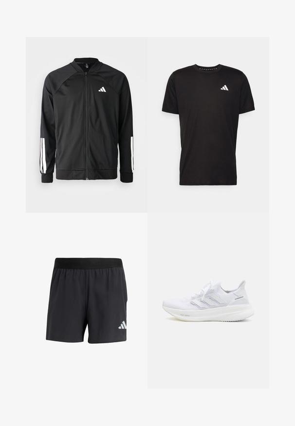Černá sportovní bunda s předním zipem, raglánovými rukávy, bílým logem Adidas a bílými pruhy na rukávech. Hladká tkanina s elastickými manžetami.; Černé bavlněné tričko s krátkým rukávem, kulatým výstřihem a bílým logem na levé hrudi. Hladká textura a jednoduchý design.; Černé sportovní kraťasy s elastickým pasem, s hladkým povrchem a reflexním bílým logem na dolní levé straně.; Bílé běžecké boty s texturovaným pleteným svrškem, třemi diagonálními pruhy s logem a podpůrnou podešví označenou jako "Light Boost."