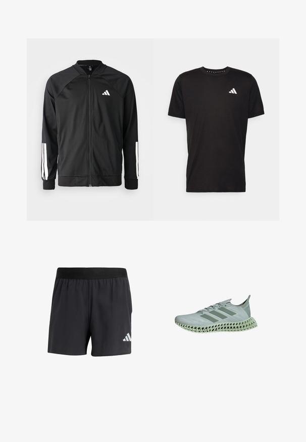 Veste de sport noire avec fermeture éclair à l'avant, manches raglan, logo Adidas blanc et bandes blanches sur les manches. Tissu lisse avec des poignets élastiques.; T-shirt en coton noir à manches courtes, décolleté rond et logo blanc sur la poitrine gauche. Texture lisse et design simple.; Shorts de sport noirs avec une taille élastique, présentant une texture lisse et un logo blanc réfléchissant sur le bas à gauche.; Baskets de course gris clair avec une tige texturée, trois bandes en relief et un semelle intermédiaire en lattice imprimée en 3D distinctif.