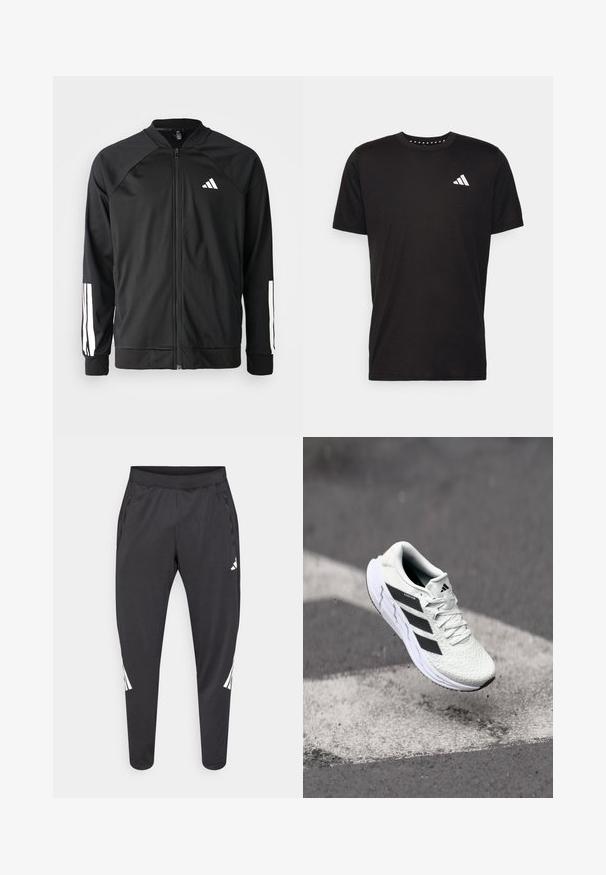 Giacca atletica nera con zip frontale, maniche raglan, logo Adidas bianco e strisce bianche sulle maniche. Tessuto liscio con polsini elasticizzati.; T-shirt in cotone nero con maniche corte, scollo rotondo e logo bianco sul lato sinistro del petto. Texture liscia e design semplice.; Pantaloni atletici neri con gambe affusolate, cintura elastica, tasche laterali e dettagli con logo bianco e strisce. Realizzati in materiale liscio e leggero.; Scarpa sportiva bianca con tomaia in rete testurizzata, strisce nere, chiusura con lacci e suola ammortizzata, che levita sopra una superficie stradale segnata.
